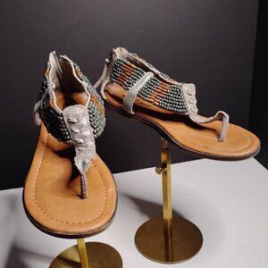 Minitonka Ibiza Leather Ankle Sandals Beaded Silver & Brown Size 6